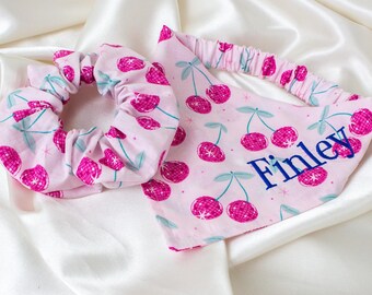 MATCHING Disco Cherries Dog Scarf and Hair Scrunchie Set, Embroidered Scrunchy Pet and Owner Set, Personalized Dog Bandana, Retro, Pink