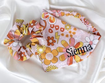 Matching Embroidered Retro Daisy Dog Bandana and Hair Scrunchie Set, Personalized, Floral