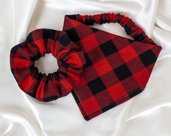 Matching Fall Flannel Dog Bandana and Hair Scrunchie in Buffalo Plaid