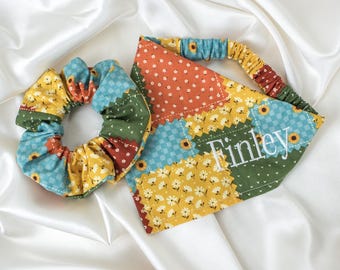 Matching Embroidered Patchwork Quilt Dog Bandana and Hair Scrunchie Set for Fall, Personalized