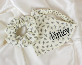 Personalized Matching Cream Bee Dog Bandana and Hair Scrunchie Set, Embroidered