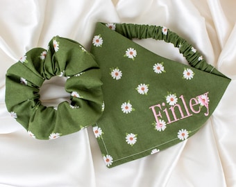 MATCHING Embroidered Personalized Dog Bandana and Hair Scrunchie Set, Daisy Floral Scrunchy Pet and Owner Pack, Green Custom Pet Bandana