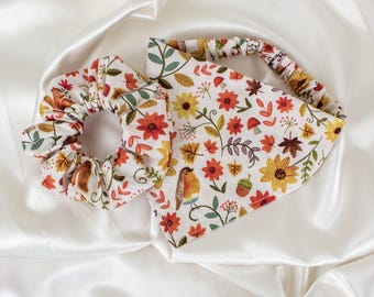 Matching Floral Fall Dog Bandana and Hair Scrunchie Set with Autumn Leaves