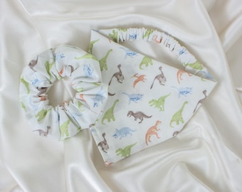 Beige Dinosaur Matching Dog Bandana and Hair Scrunchie Set