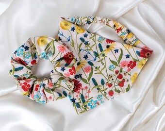 Matching Beige Floral Dog Bandana and Hair Scrunchy Set, with Strawberries