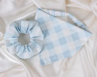 Matching Blue Gingham Dog Bandana and Hair Scrunchie Set