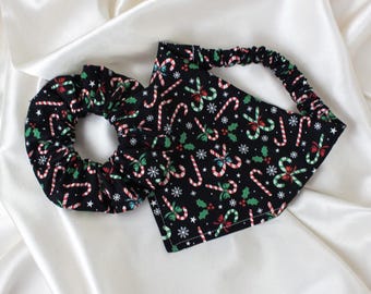Matching Christmas Snowflake and Candy Cane Dog Bandana and Hair Scrunchie Set