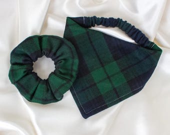 Matching Green Plaid Flannel Dog Bandana and Hair Scrunchie Set for Fall