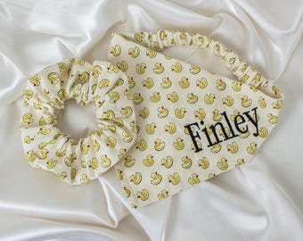 Personalized Beige Rubber Ducky Dog Bandana and Hair Scrunchie Matching Set, with Embroidered Name