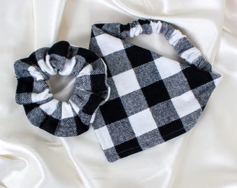Matching Buffalo Check Flannel Dog Bandana and Hair Scrunchie Set, for Fall