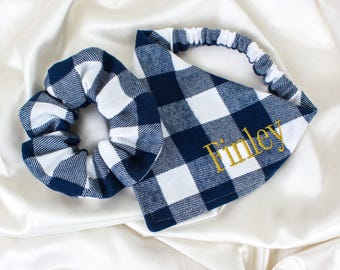 Matching Personalized Fall Flannel Dog Bandana and Hair Scrunchy Set in Blue Buffalo Plaid