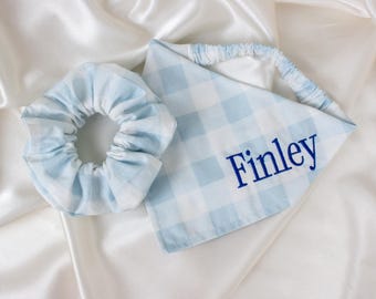 Personalized Blue Gingham Dog Bandana and Hair Scrunchie Matching Set, with Embroidered Name