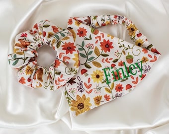 Personalized Fall Dog Bandana and Hair Scrunchie Matching Set with Flowers and Mushrooms