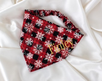 Personalized Christmas Buffalo Plaid Dog Bandana, with Snowflakes and Gold Embroidered Name