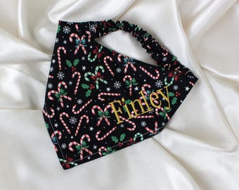 Personalized Christmas Snowflake and Candy Cane Dog Bandana with Gold Embroidered Name