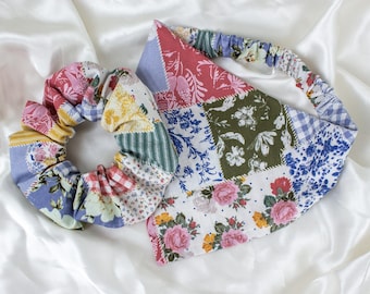 Matching Patchwork Quilt Dog Bandana and Hair Scrunchie Set, Floral