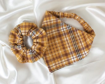 Mustard Plaid Flannel Dog Bandana and Hair Scrunchie Matching Set, for Fall