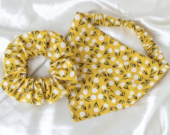 Matching Mustard Floral Dog Bandana and Hair Scrunchie Set