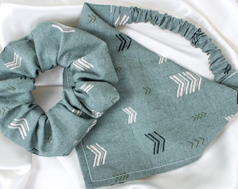 Matching Green Chevron Dog Bandana and Hair Scrunchy Set