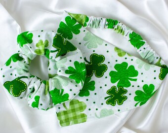 Matching St Patricks Day Dog Bandana Hair Scrunchie Set, with Four Leaf Clovers