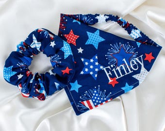MATCHING PET & OWNER Set! Personalized Patriotic Dog Bandana and Scrunchy, Embroidered Dog Scarf, Independence Day, 4th of July Gift