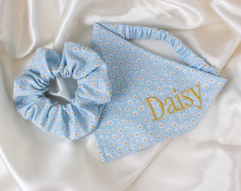 Personalized Daisy Dog Bandana and Hair Scrunchie Matching Set in Pastel Blue, Embroidered, Floral
