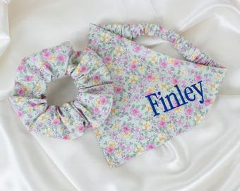 Personalized Sage Green Floral Personalized Dog Bandana and Hair Scrunchie Matching Set, Embroidered