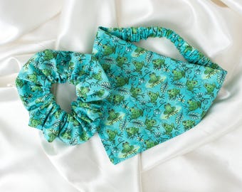Matching Chill Frog and Dragonfly Dog Bandana and Hair Scrunchie Set, Turquoise