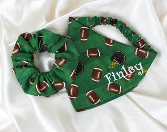 Personalized Football Dog Bandana and Hair Scrunchie Matching Set for Game Day, Embroidered