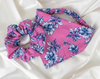 Matching Pink Floral Dog Bandana and Hair Scrunchie Set