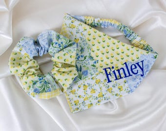Personalized Patchwork Quilt Dog Bandana and Hair Scrunchy Matching Set, Embroidered