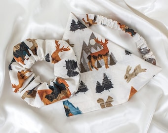 Matching Woodland Forest Dog Bandana and Hair Scrunchie Set, with Trees and Mountains