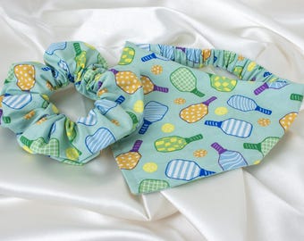 Pickleball Dog Bandana and Hair Scrunchie Matching Set, Sage, Pickle Ball Dog Scarf and Scrunchy, Sports Pet Handkerchief, Pickleball Gifts