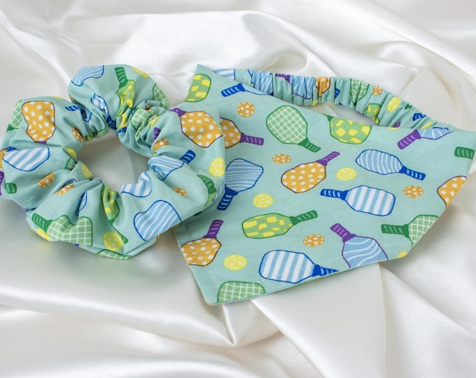 Featured listing image: Pickleball Dog Bandana and Hair Scrunchie Matching Set, Sage, Pickle Ball Dog Scarf and Scrunchy, Sports Pet Handkerchief, Pickleball Gifts