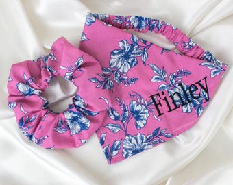 Matching Personalized Pink Floral Dog Bandana and Hair Scrunchie Set with Embroidered Name
