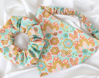 Matching Groovy Mushroom Dog Bandana and Hair Scrunchie Set, with Retro Butterflies