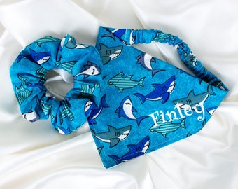 Personalized Baby Shark Dog Bandana and Hair Scrunchie Matching Set, for Boy Dog