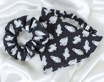 Matching Halloween Dog Bandana and Hair Scrunchie Set with Glow in the Dark Ghosts