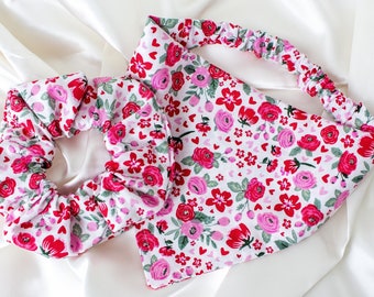 Floral Valentines Day Matching Dog Bandana and Hair Scrunchie Set