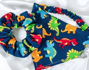 Matching Dinosaur Dog Bandana and Hair Scrunchie Set, for Boy Dog