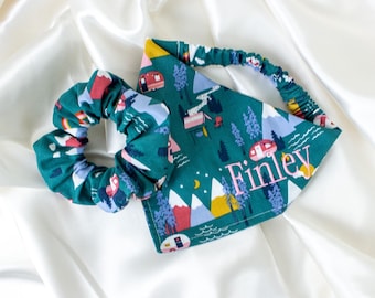 Embroidered Camping Adventure Dog Bandana and Hair Scrunchie Matching Set, Personalized