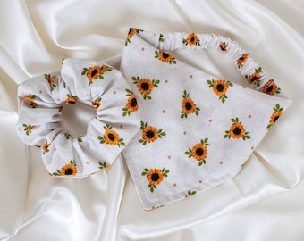 Beige Sunflower Fall Dog Bandana and Hair Scrunchie Matching Set, Floral