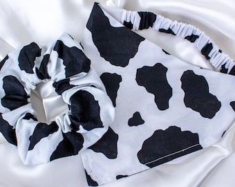 Matching Western Dog Bandana and Hair Scrunchie Set, with Cow Print