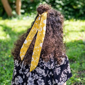 Mustard Floral Hair Scarf, Ponytail Scarf, Hair Ribbon, Skinny Scarf, Floral Hair Tie, Hair Wrap