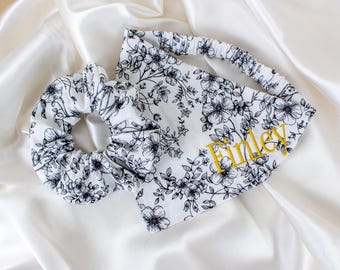 Matching Floral Personalized Dog Bandana and Hair Scrunchie Set, with Gold Embroidered Name
