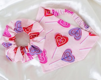 Matching Pink Heart Dog Bandana and Hair Scrunchie Set for Valentines Day