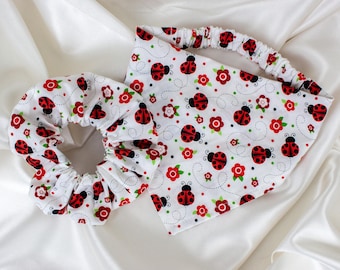 MATCH YOUR DOG! Matching Floral Lady Bug Dog Bandana and Hair Scrunchie Set, Ladybug Dog Scarf and Scrunchy Pet and Owner Pack for Spring