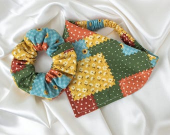 Matching Fall Patchwork Quilt Dog Bandana and Hair Scrunchie