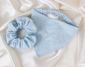 Matching Daisy Dog Bandana and Hair Scrunchie Set, Pastel Blue, Floral