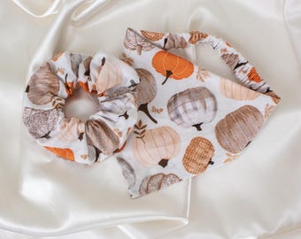MATCHING Beige Fall Dog Bandana and Hair Scrunchie Set, with Plaid Pumpkins